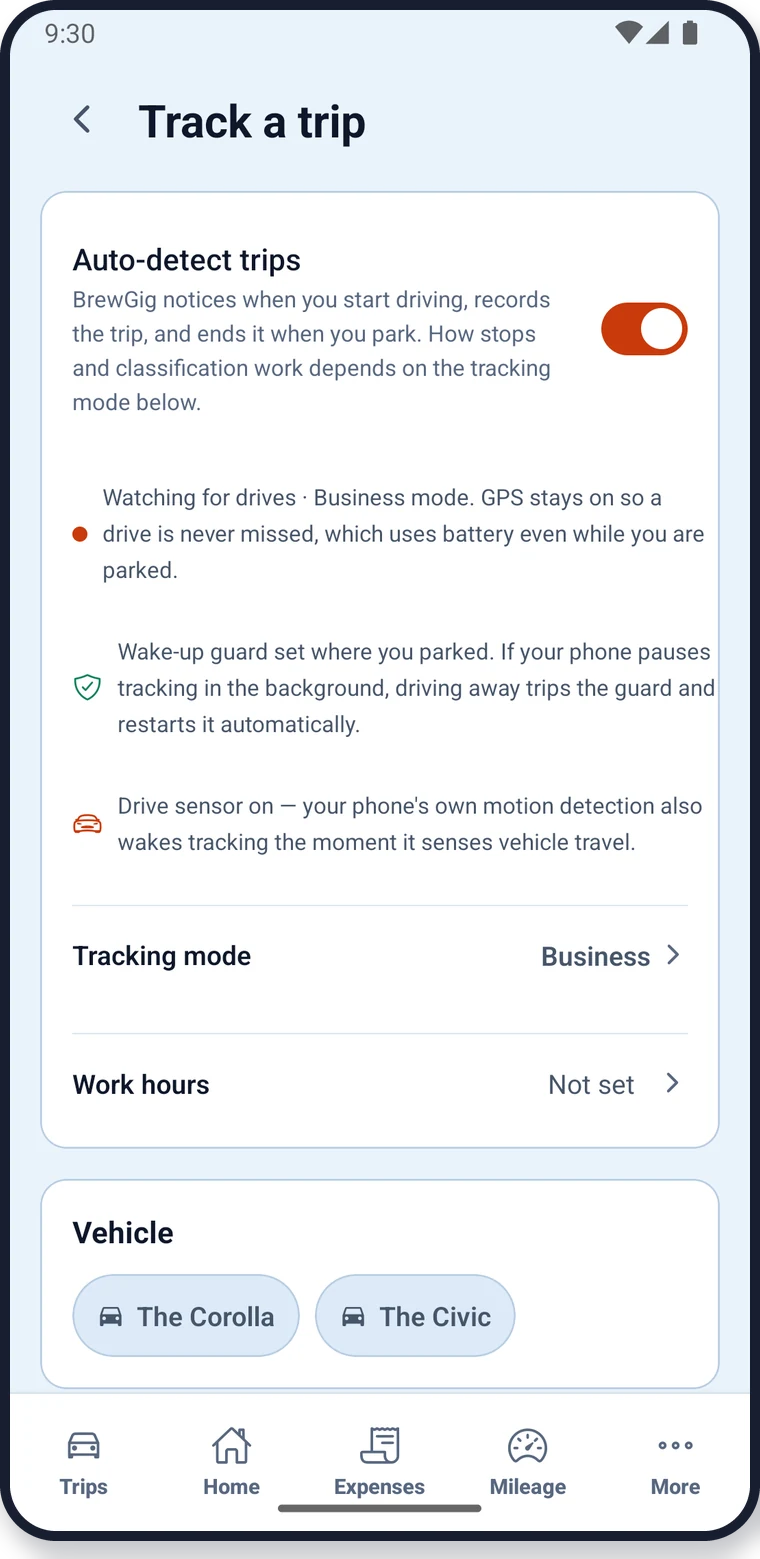 The Track screen with automatic trip detection switched on, showing that BrewGig is watching for drives in Business mode and that the wake-up guard is armed where the vehicle was parked.