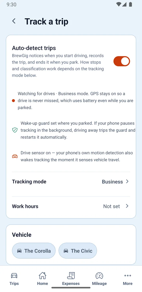 The Track a trip screen with automatic trip detection switched on, explaining that BrewGig notices when driving starts and ends the trip at the park, that GPS staying on uses battery, that a wake-up guard is set where the vehicle parked, and that the phone’s own drive sensor restarts tracking — with the tracking mode, work hours and vehicle settings below.