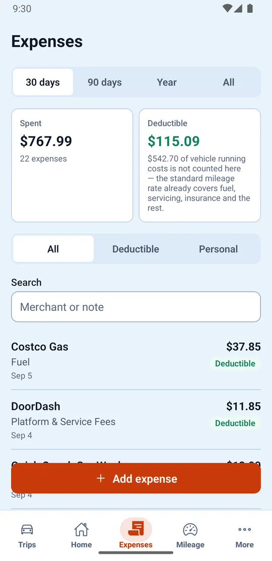 The Expenses screen for the last 30 days, showing what was spent against what is deductible, a note that vehicle running costs are excluded because the standard mileage rate already covers them, and a searchable list of expenses each tagged with its category.