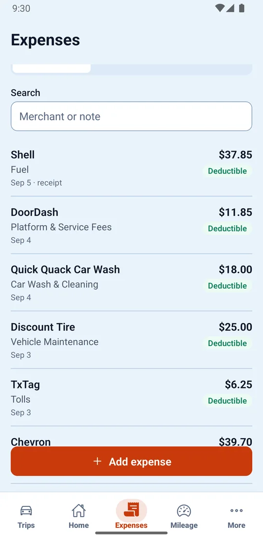 A list of logged expenses — fuel, platform fees, a car wash, tyres, tolls — each with its category, date, amount and deductible tag, and one marked as having a receipt photographed onto it.